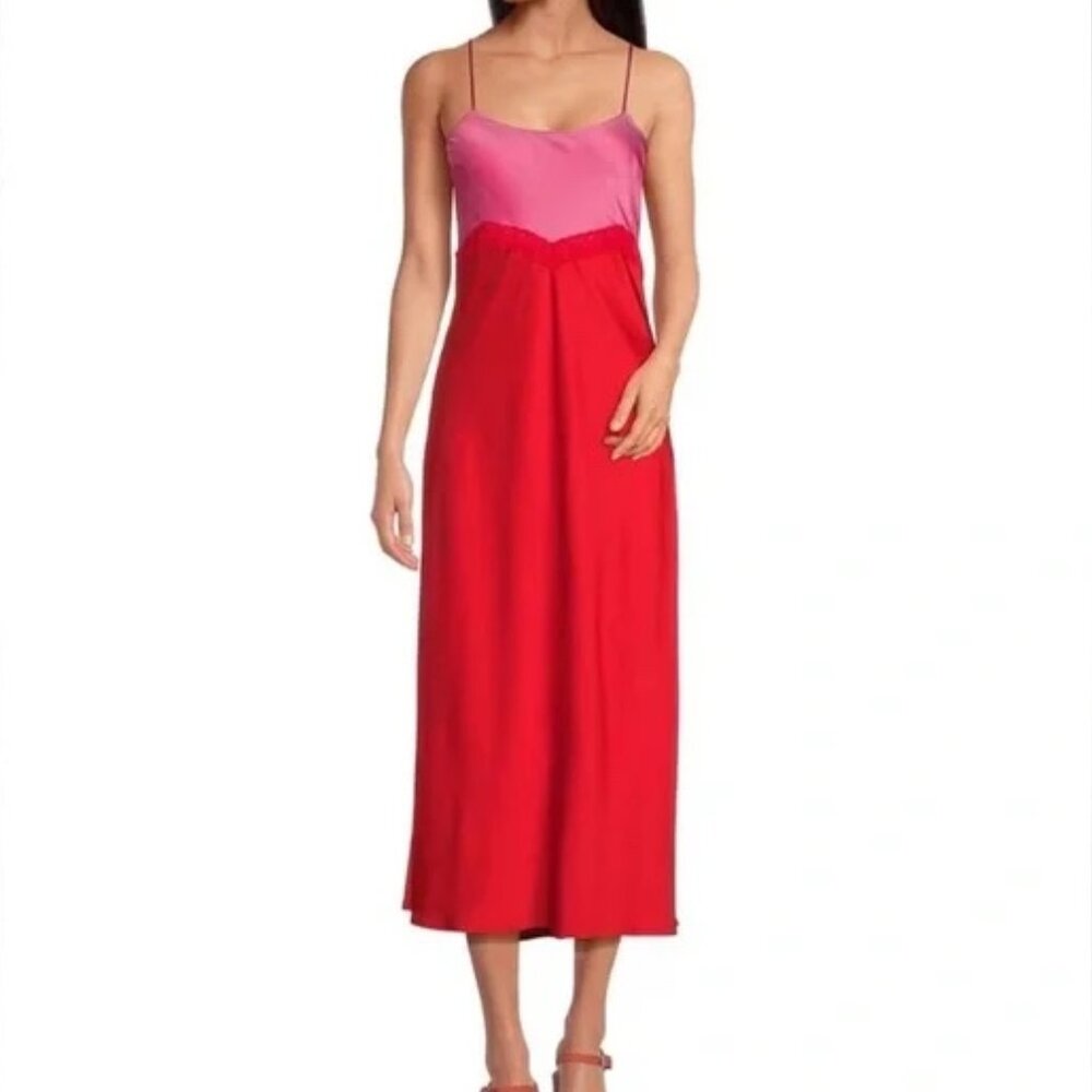 Gianni Bini DANNIJO Helena Colorblock Pink Red Satin Slip Dress Midi Sz 2